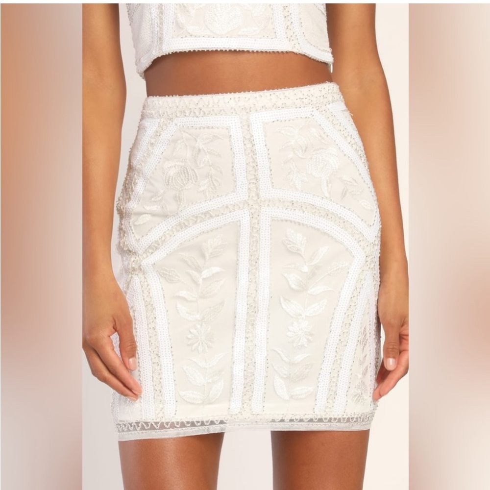 Lulus White Embroidered Mini Skirt NWT Bridal Bachelorette Beaded M